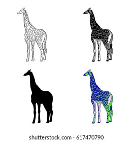 Vector illustration of an image of a giraffe. Black and white line, black silhouette, black and white and gray spot. Multicolored illustration.