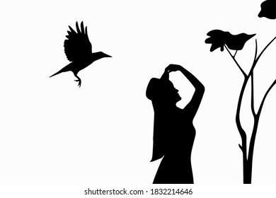Vector illustration. Image of a girl and a crow.