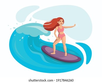 Vector illustration with the image of a girl who is engaged in active recreation, surfing on the waves of the ocean.