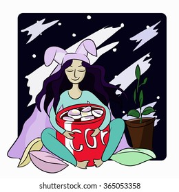 vector illustration with the image of a girl who is drinking coffee with marshmallows