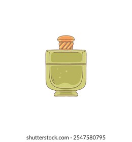 Ilustração vetorial com a imagem de um frasco verde com perfume aromático ou água sanitária. Frasco de vidro de perfume com tampa. Estilo de desenho animado. Plano de fundo isolado. Ícone para design.