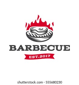 Vector illustration with the image of grilled meat on the background of a flaming fire. Logo. Icon.
