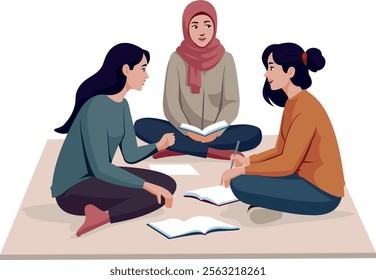 vector illustration image of a group of students from a university having a discussion