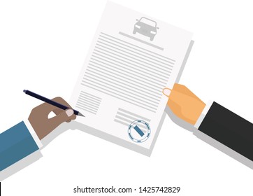 Vector illustration. The image of the hands of businessmen or clerks, office workers, lawyers, civil servants and client signatories contract. Modern concept for web banner, web sites, infographics.