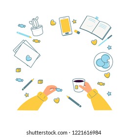 Vector illustration. Image of hands holding a candy and a Cup of tea on the table background.  On the table is a notebook, pen, pencil, eraser, candy, a plate of cookies, a mug of tea, paper, cactus. 