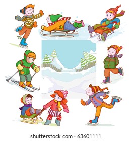 vector illustration, image of happy children sleighing, cartoon concept.