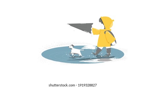 Vector illustration image of happy kid with dog and an umbrella and rubber boots in puddle on an autumn walk.