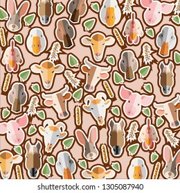 Vector illustration image of the heads of the animals in the style of flat art. Logo for farm or shop. Can be used for business cards or print for fabric. Pattern on a beige background.