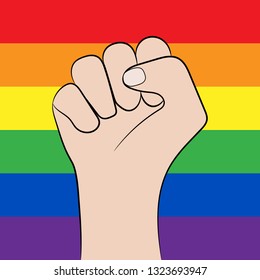 vector illustration with the image of a human hand clenched in a fist on the background of the rainbow gay flag