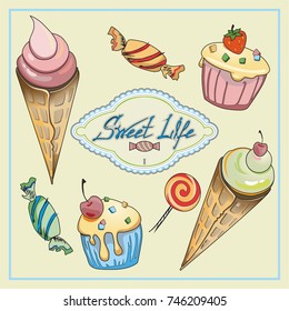 vector illustration with image of ice cream, cupcakes and candies
