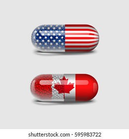 Vector illustration image isolated pill with reflections, American flag of the United States of America, Canada on grey background. Easy to copy paste in different graphic design software