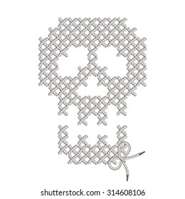 Vector illustration with the image of knit woven, embroidered skull. Macrame.