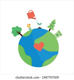 Vector illustration. The image of the land on which there are plants, watering can.