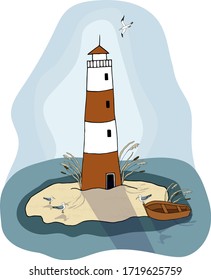 Vector illustration with the image of a lighthouse on the seashore, boat, seagulls, reeds in vintage style. Design for printing postcards, posters, on a mug, clothes, fabric, textile