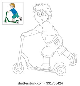 Vector illustration. The image of a little boy who rides his scooter. Picture for coloring with a color sample.
