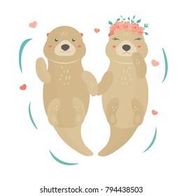 Vector illustration. Image with a lovely otters, boy and girl in floral wreath