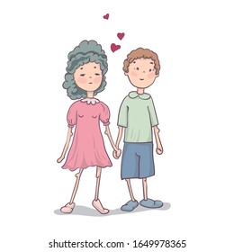 Vector illustration with the image of lovers prince and princess. Hand-drawn character drawing. Lovely girl and boy in love. Cartoon characters.
EPS-10