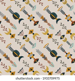 Vector illustration image of magic symbols and signs. Seamless pattern on a light gray background. For printing on fabric or paper, for interior decoration.