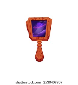 Ilustração vetorial com a imagem de um espelho mágico de madeira com uma alça, forma retangular. Elemento vintage decorativo com vidro roxo. Portal para outra galáxia. Design de jogos. Plano de fundo isolado.