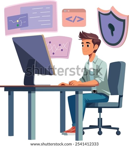 vector illustration image of a male programmer or developer working in front of a computer creating a website or application using a programming language