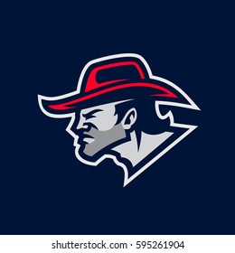 Vector illustration with the image of the man in hat. Cowboy. Logo. Mascot.