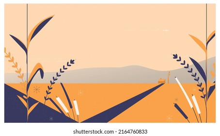 Imagen vectorial del paisaje mínimo del campo de cultivo.Barn, molino de viento, cultivos y flor silvestre. Tonos de color naranja y azul marino.Tranquilo campo rural de otoño.