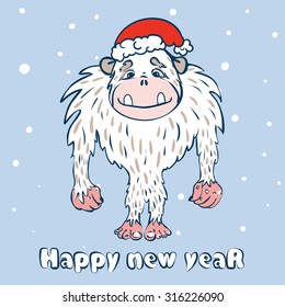 vector illustration with the image of the monkey, in Christmas cap with place for your text, the Yeti, the symbol of the year, new year,snow