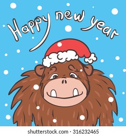 vector illustration with the image of the monkey, in Christmas cap with place for your text, the Yeti, the symbol of the year, new year,snow