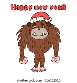 vector illustration with the image of the monkey, in Christmas cap with place for your text, the Yeti, the symbol of the year, new year,snow