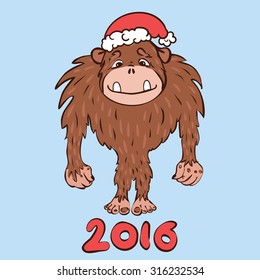 vector illustration with the image of the monkey, in Christmas cap with place for your text, the Yeti, the symbol of the year, new year,snow