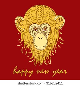 vector illustration with the image of the monkey in the style of Doodle art, symbol of the year, new year,snow, horoscope,fire, red, 2016
