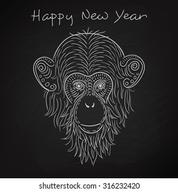 vector illustration with the image of the monkey in the style of Doodle art, drawn with chalk on blackboard,  symbol of the year, new year,snow, horoscope,fire, red, 2016