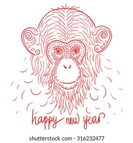 vector illustration with the image of the monkey in the style of Doodle art, symbol of the year, new year,snow, horoscope,fire, red, 2016