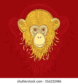 vector illustration with the image of the monkey in the style of Doodle art, symbol of the year, new year,snow, horoscope,fire, red, 2016