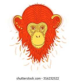 vector illustration with the image of the monkey in the style of Doodle art, symbol of the year, new year,snow, horoscope,fire, red, 2016