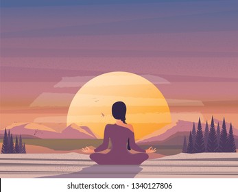 Vector illustration image of morning meditation by the nature.Good looking woman doing yoga in lotus position.Modern lifestyle  of successful people. International Yoga Day on 21st June