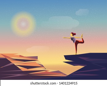 Vector illustration image of morning meditation by the nature.Good looking woman practicing yoga pose.Concept for International Yoga Day on 21st June.Modern lifestyle of health of successful people. 