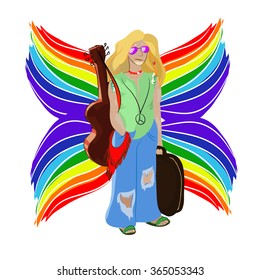 vector illustration with the image of the musician, the hippie, tourist