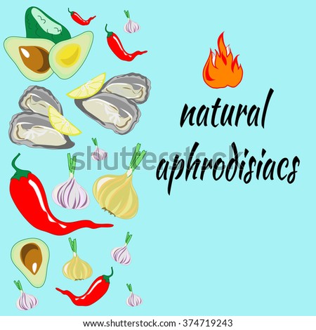 vector illustration with the image of natural aphrodisiacs - oysters, avocado, chocolate, onions, garlic, hot pepper