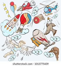 vector illustration with the image of objects which can fly through the air