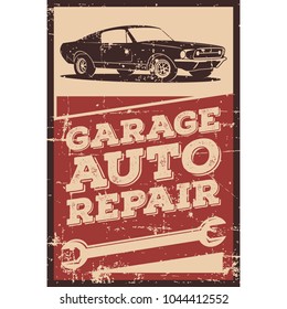 Vector illustration with the image of an old classic car, design logo, posters, banners, signage. Using vintage and grunge style. Retro illustration on the theme of service stations, tire service.