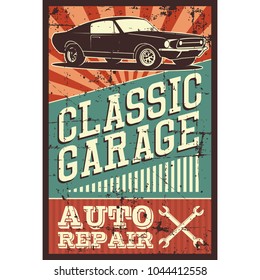 Vector illustration with the image of an old classic car, design logo, posters, banners, signage. Using vintage and grunge style. Retro illustration on the theme of service stations, tire service.