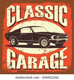 Vector illustration with the image of an old classic car, design logo, posters, banners, signage. Using vintage and grunge style. Retro illustration on the theme of service stations, tire service.