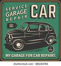 Vector illustration with the image of an old classic car, design logos, posters, banners, signage. Using vintage and grunge style. Retro illustration on the theme of service stations, tire service.