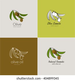 Vector illustration with the image of olives. It can be used as logo for olive oil, for nature cosmetics brand. Colorful and outline options.