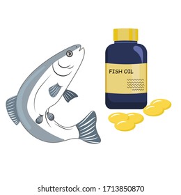 Vector illustration. Image on the theme of fish oil. Fish, a jar of vitamins and pills with fish oil
