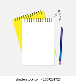 vector illustration with the image of an open notebook, a pencil and three paper clips on a light gray background