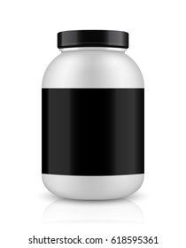 Vector illustration with the image of packing. Package design. Mock up image. Sport Nutrition Containers. Plastic Jars and foil package and drink bottle.