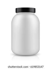 Vector illustration with the image of packing. Package design. Mock up image. Sport Nutrition Containers. Plastic Jars and foil package and drink bottle.