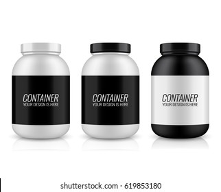 Vector illustration with the image of packing. Package design. Mock up image. Sport Nutrition Containers. Plastic Jars and foil package and drink bottle.